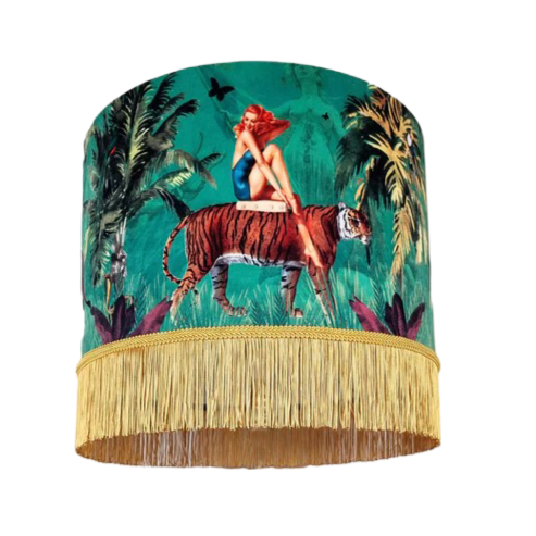 Jungle Walk in Green Velvet Fringed Lampshade