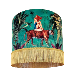 Jungle Walk in Green Velvet Fringed Lampshade