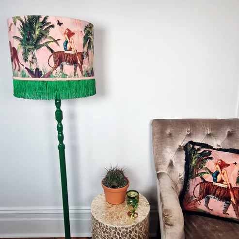 Jungle Walk in Pink Velvet Fringed Lampshade