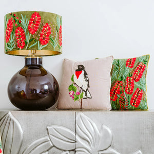 Callistemon on Olive Velvet Cushion