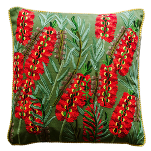 Callistemon on Olive Velvet Cushion