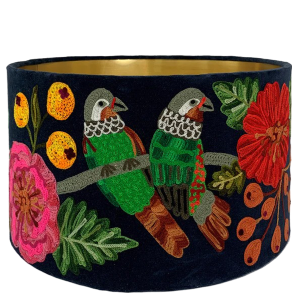 Green Parrots on Midnight Blue Velvet Lampshade