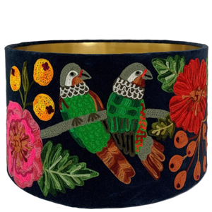 Green Parrots on Midnight Blue Velvet Lampshade