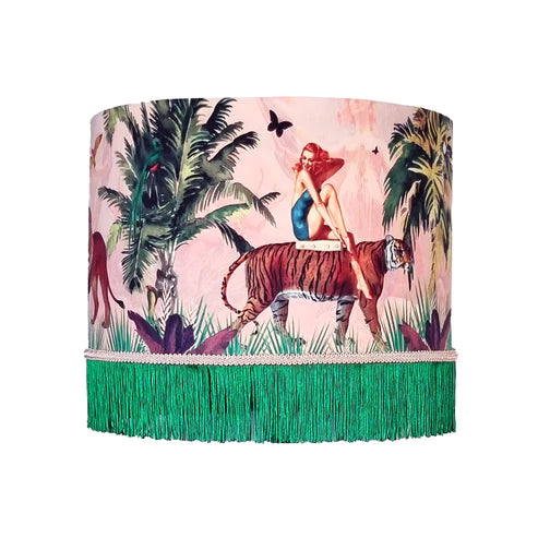 Jungle Walk in Pink Velvet Fringed Lampshade